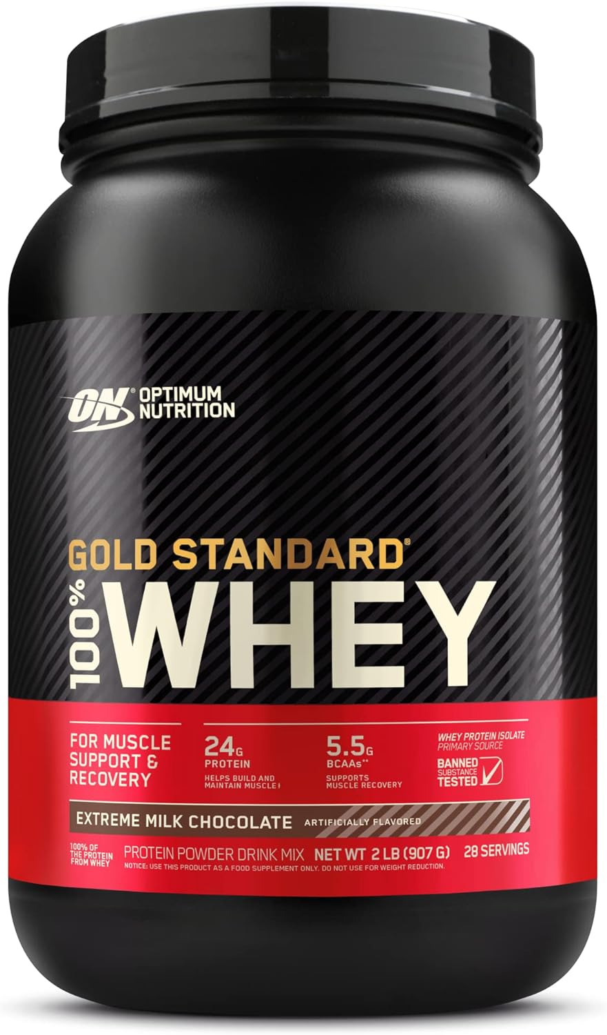 Optimum Nutrition (ON) Gold Standard 100% Whey Protein Powder Primary Source Isolate, 24 Grams of Protein for Muscle Support and Recovery - Extreme Milk Chocolate, 2 Lbs, 28 Servings (907 Grams)