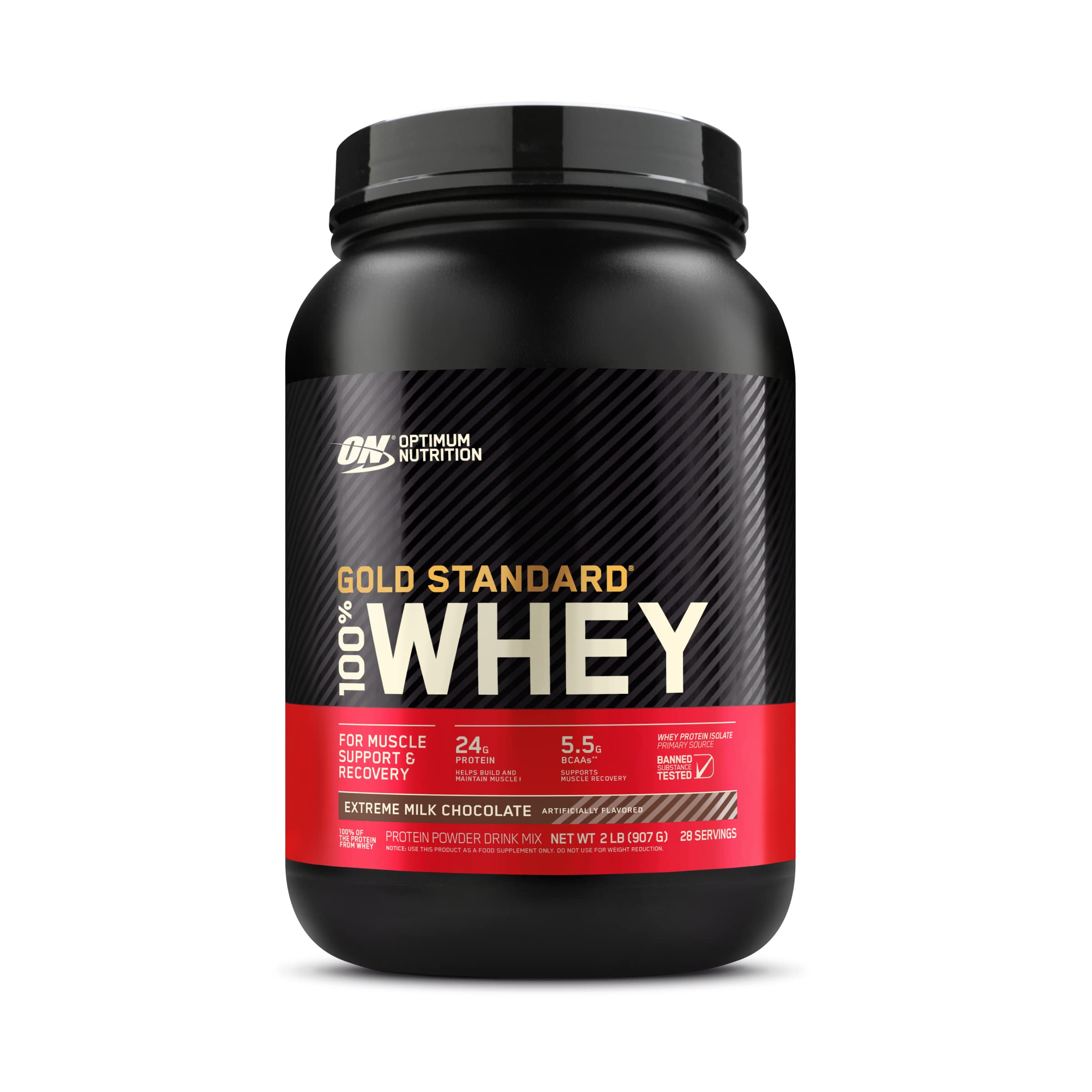 Optimum Nutrition (ON) Gold Standard 100% Whey Protein Powder Primary Source Isolate, 24 Grams of Protein for Muscle Support and Recovery - Extreme Milk Chocolate, 2 Lbs, 28 Servings (907 Grams)