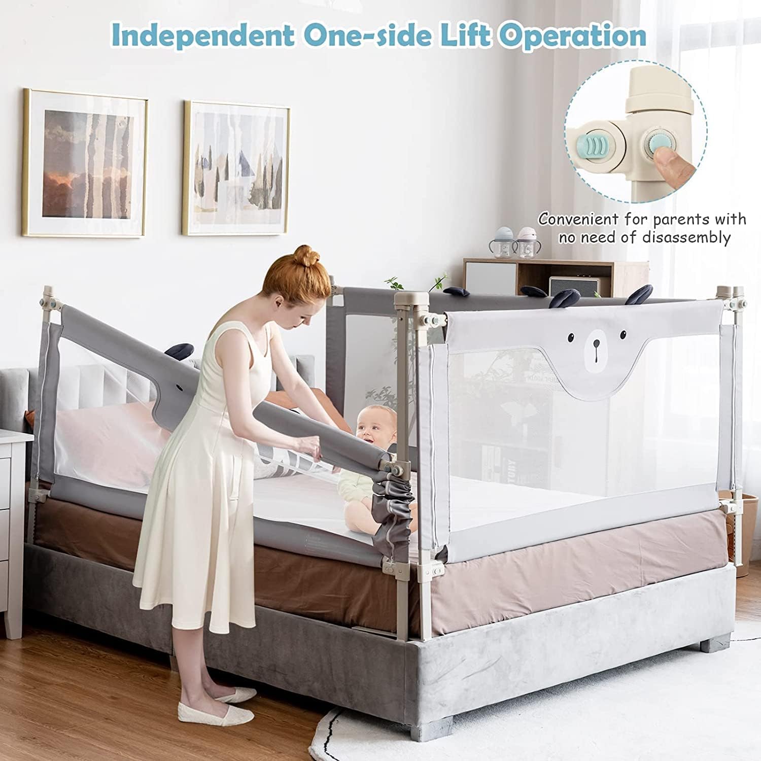DMG Bed Rail for Toddlers, 69'' Vertical Lifting Baby Beds Guard with Double Safety Lock & Adjustable Height, Anti-Fall Protection Mesh Guardrail, Kids Bed Guard for Full Size Bed (Only 1 Side)