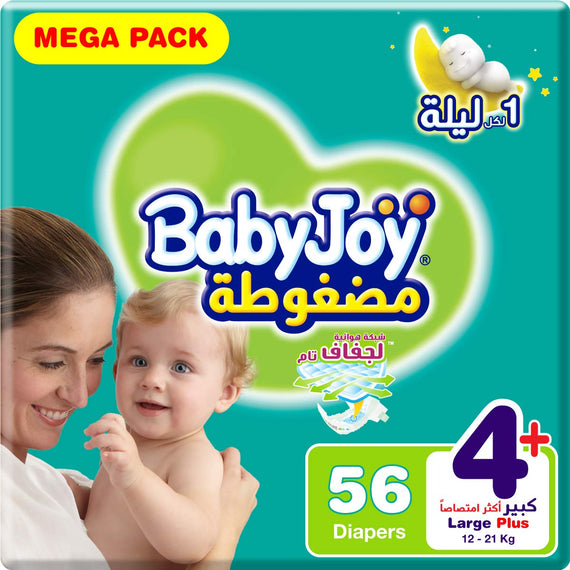 Babyjoy Compressed Diamond Pad, Size 4+, Large+, 12-21 Kg, Mega Pack, 56 Diapers