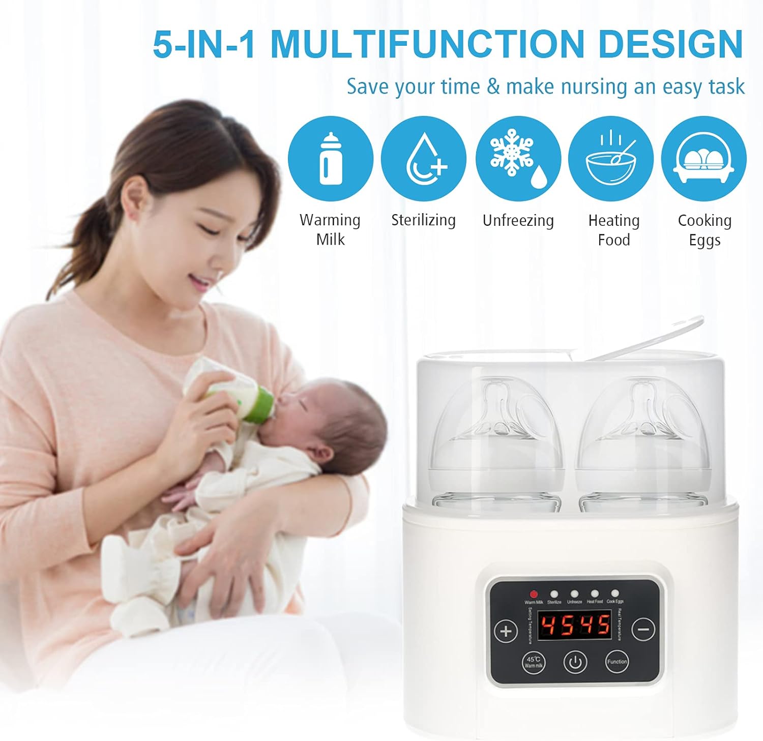 Morelian Baby Bottle Warmer 5-in-1 Digital Baby Food Heater with Timer Digital Display Double Bottle Steam Sterilizer Defrosting Portable Warmer for Breastmilk and Formula