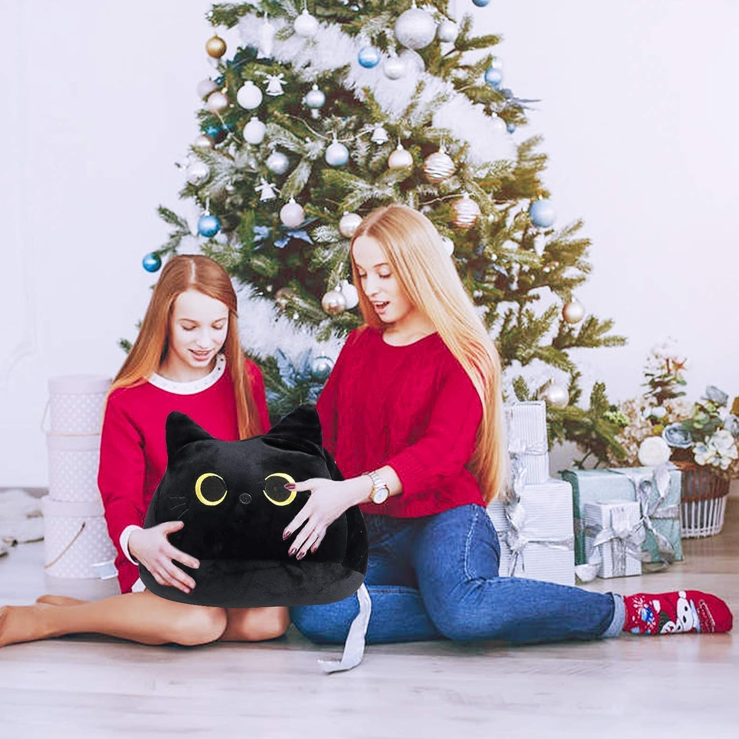 Black Cat Plush Toy, Tazweeq Cat Plush Toy Pillow, Creative Cat Shape Pillow, Cute Cat Plush Toy Gift for Girl Boy Girlfriend (Black 15.7")