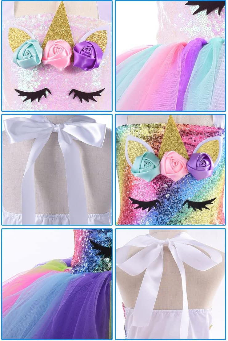 Girls Unicorn Princess Tutu Dress Unicorn Headband Wings Set for Girls Birthday Party, Carnival Unicorn Costume, Unicorn Themed Dress Up Occasions, Dress + Headband + Wings