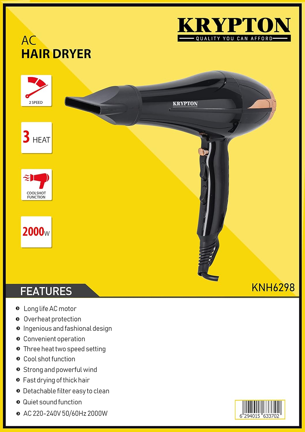 Portable Powerful 2000W Hair Dryer with 2 Speed & 3 Heat Setting Options KNH6298 Krypton