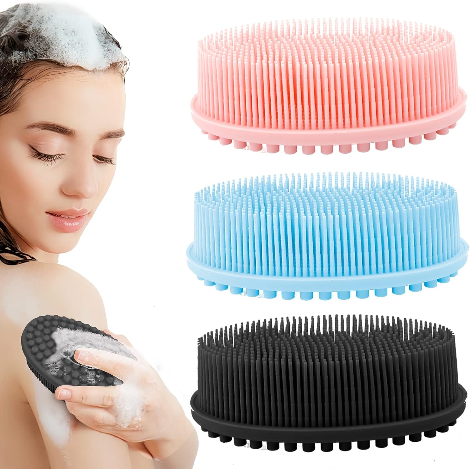 3 Pack Silicone Body Scrubber, Soft Silicone Loofah Exfoliating Body Scrubber, Silicone Body Brush Bath Shower Scrubber for Body, 2 in 1 Bath and Shampoo Wash Brush for Skin Exfoliation Men Women Kid