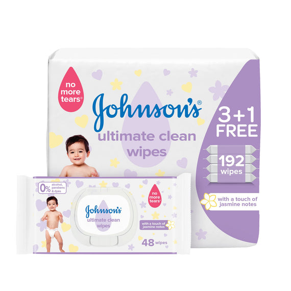 Johnson's Baby Wipes - Ultimate Clean, 3 +1 Packs of 48 wipes, 192 total count