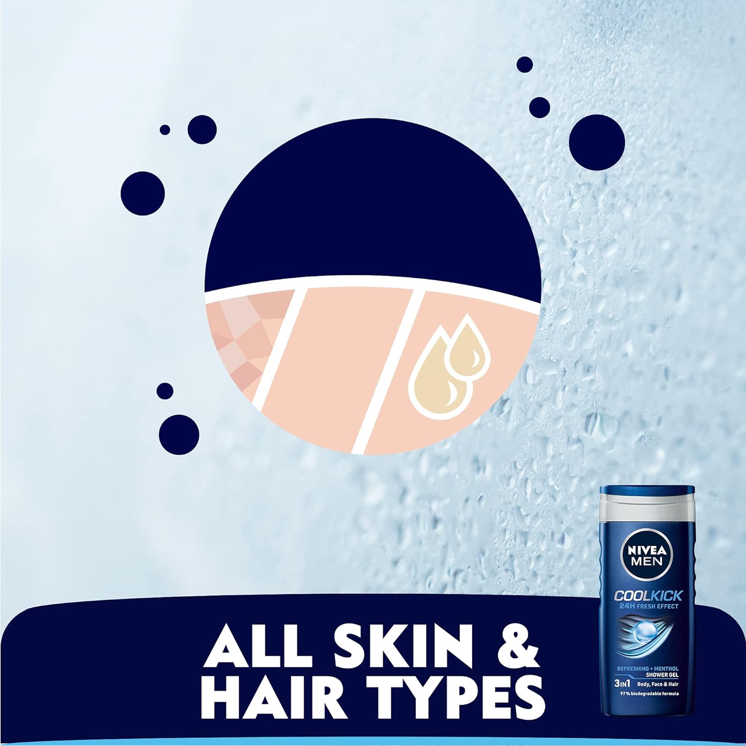 NIVEA MEN 3in1 Shower Gel Body Wash, Cool Kick 24h Fresh Effect Masculine Scent, 250ml