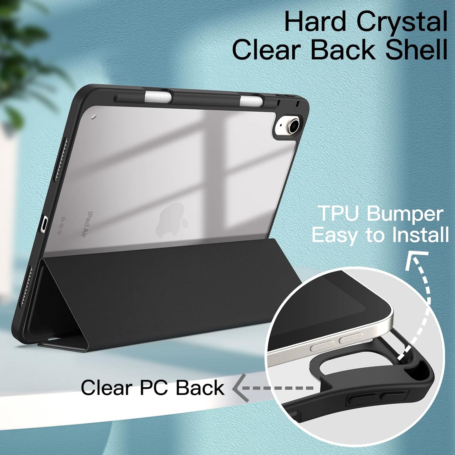 JETech Case for iPad Air 5/4 (2022/2020 5th/4th Generation 10.9-Inch) with Pencil Holder, Clear Transparent Back Shell Slim Stand Shockproof Tablet Cover, Auto Wake/Sleep (Black)