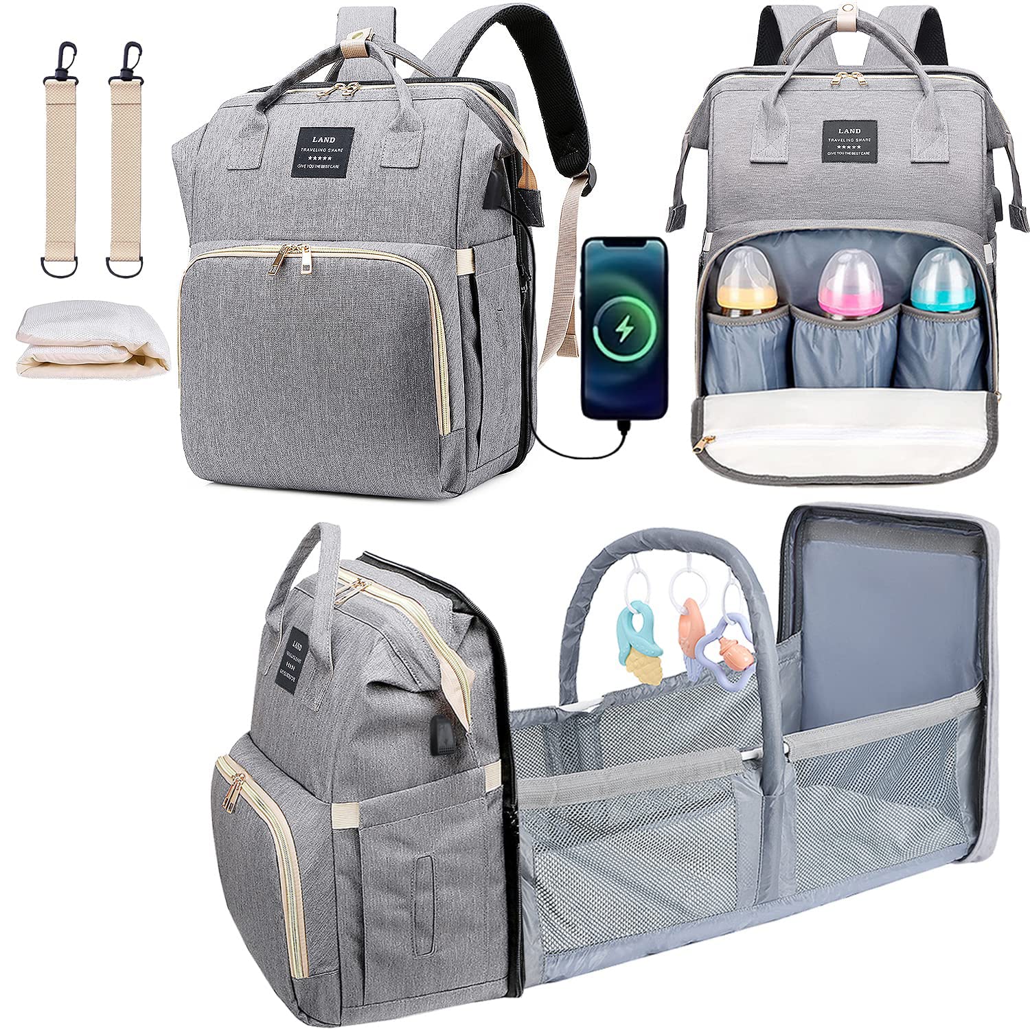 DMG Diaper Bag Backpack, Baby Bag Diaper Bag with Changing Station & Toy Bar, Baby Girl Boy Diaper Bag for Dad Mom Travel Baby Shower Gifts, Large Capacity, 900d Oxford, USB Port, 3 Toys, Grey