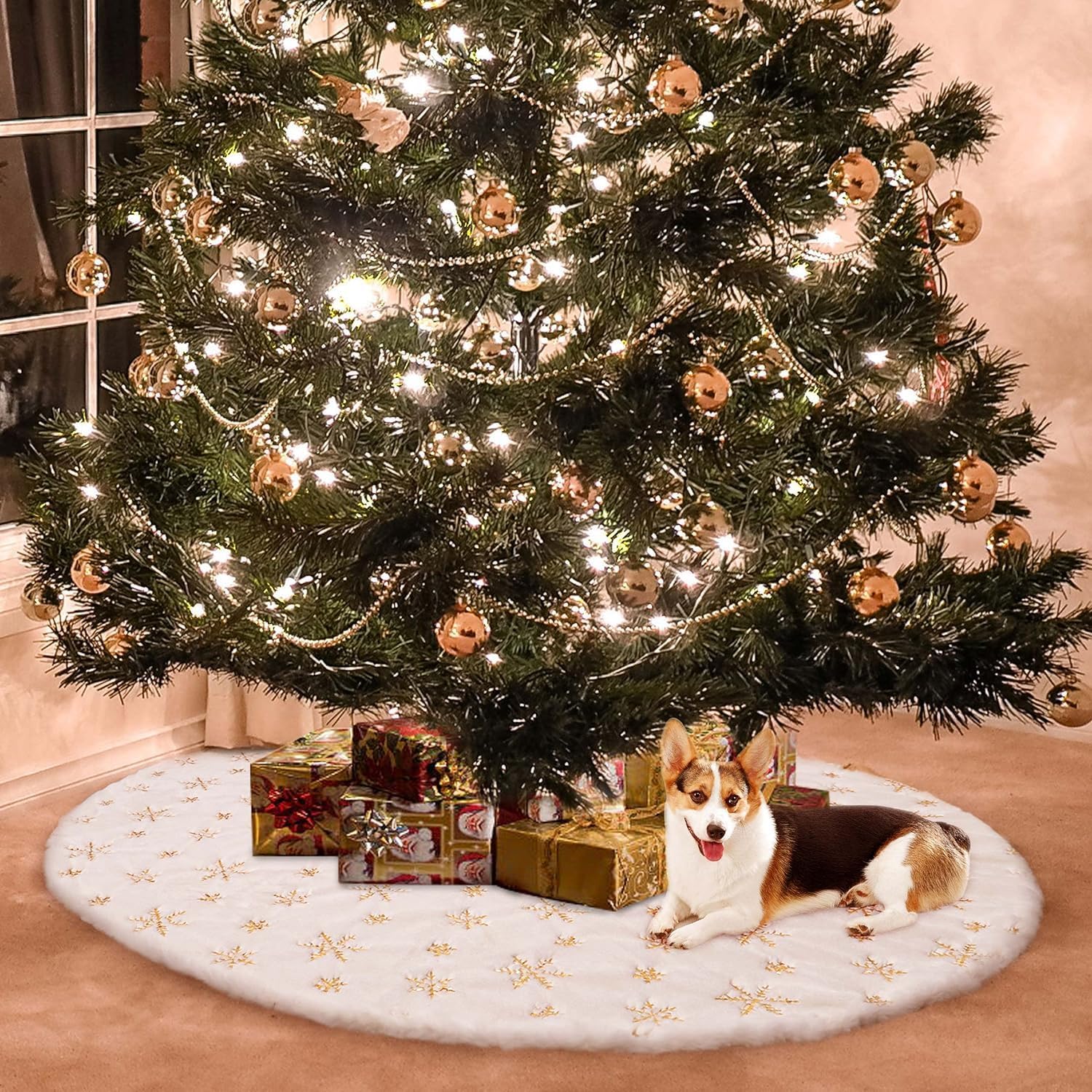 Pretocter Christmas Tree Skirt for Christmas Decoration Luxury Faux Fur Christmas Tree Mat Sequin Snowflake Christmas Tree Base Cover Xmas Tree Ornaments for Xmas Party Holiday Decorations 90CM-Gold