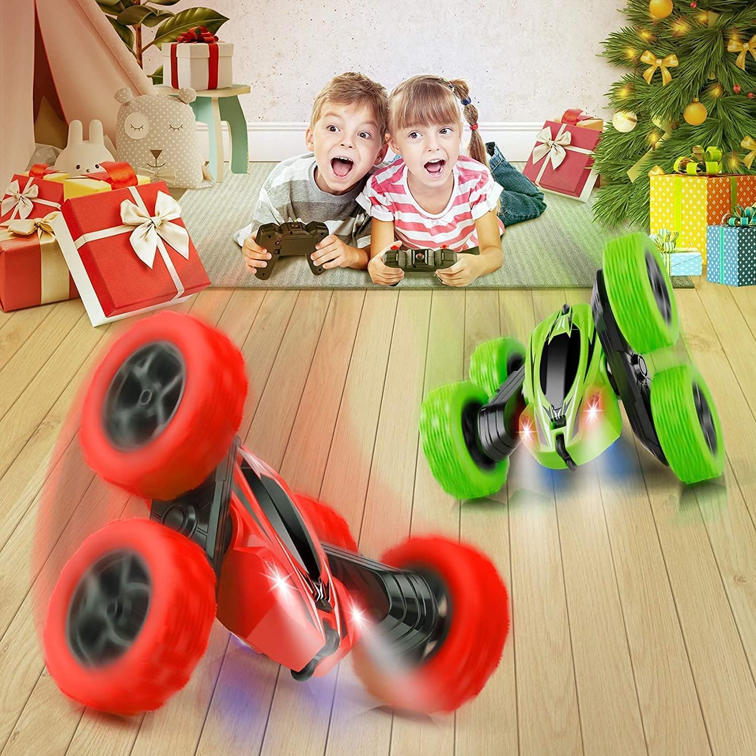 Arabest RC Cars Stunt Car Toy, 4WD 2.4Ghz Double Sided 360° Rotating RC Car with Headlights, Kids Toy Cars for Boys/Girls (Red)