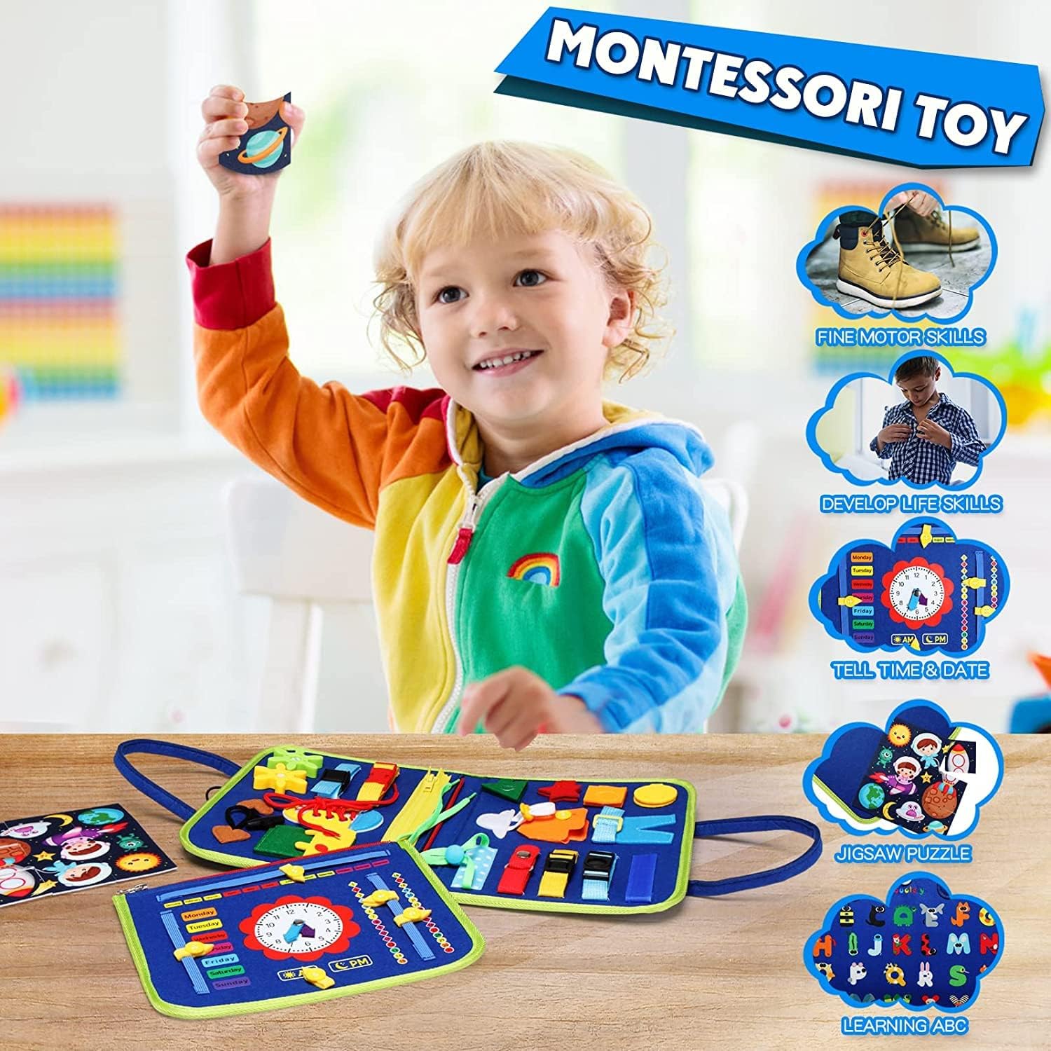 Busy Board Montessori Toy for 1 2 3 4 Years Old, Educational Activity Sensory Board Preschool Learning Fine Motor Skills Toys, Toddler Travel Toy for Plane Car, Gift for Boys Girls