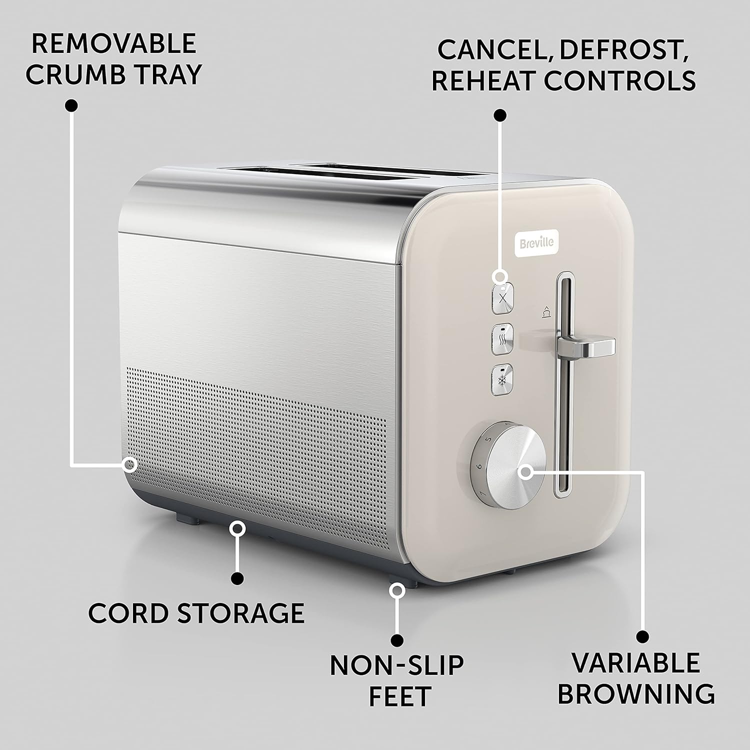Breville High Gloss 2-Slice Toaster with High-Lift & Wide Slots | Cream & Stainless Steel [VTT967]