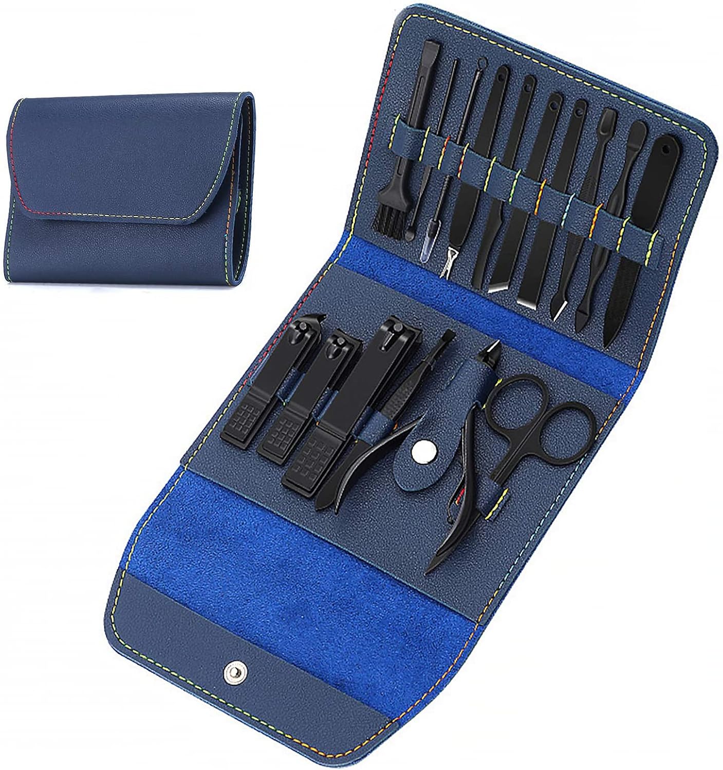 Manicure Pedicure Set 16 in 1 Stainless Steel Professional Nail Clippers Scissors Grooming Kit Nail Care Tools with Luxurious Case (Blue)