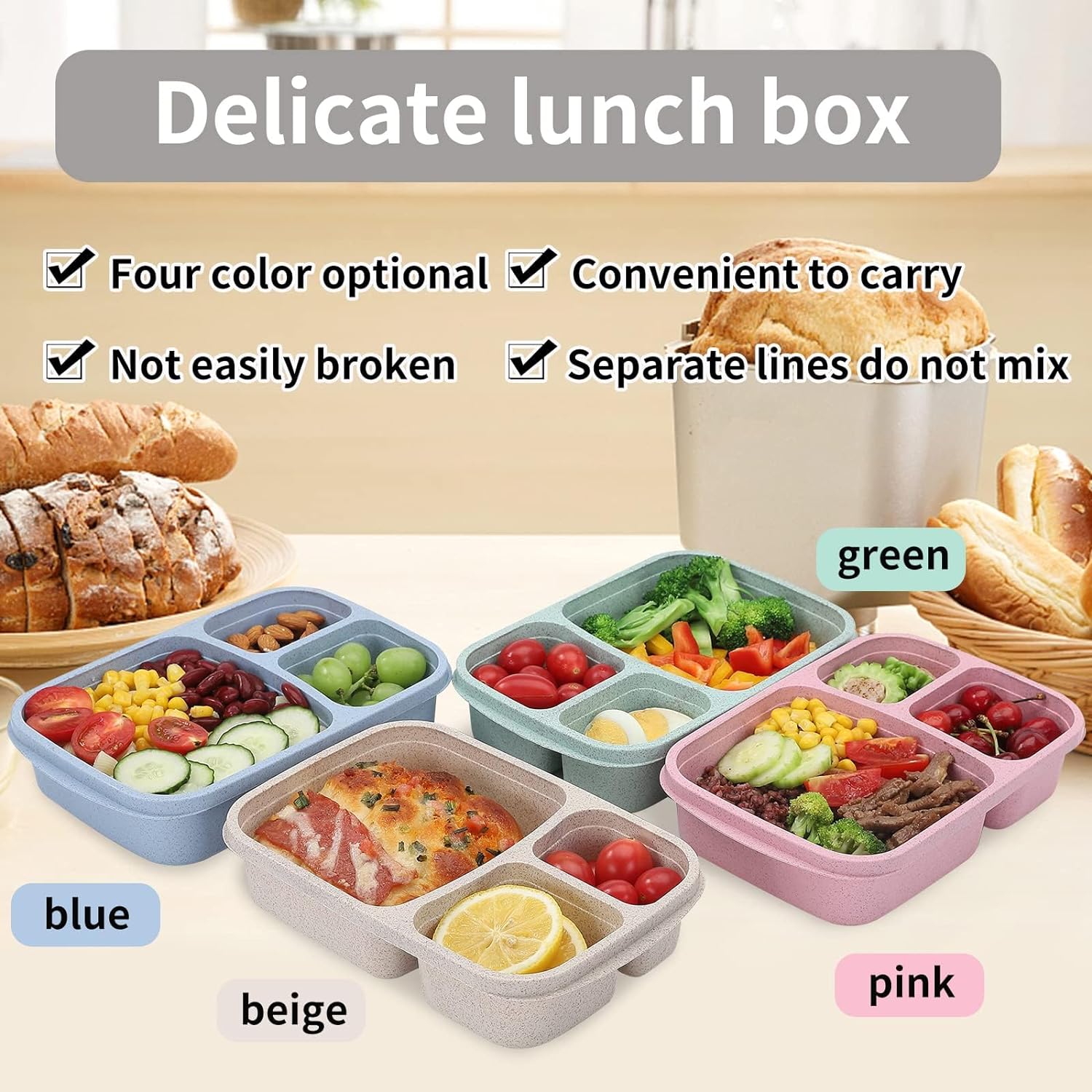 halamodo Bento Box with Lids Wheat Straw- Reusable- Bento Lunch Box for School with 3 Compartments Reusable 3-Grid Food Containers Microwave & Dishwasher & Freezer Safe BPA Free (Pink)