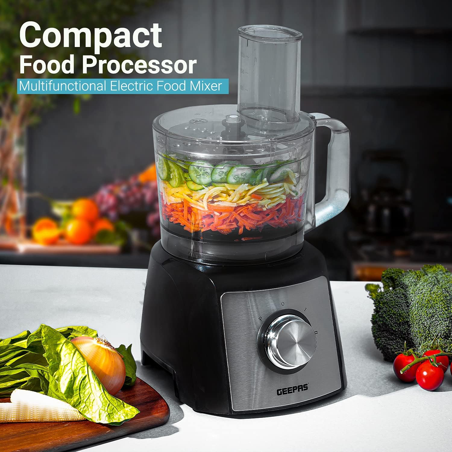 Geepas Geepas gmc42015Uk 1200W Compact Food Processor 1.2L Bowl Capacity Stainless Steel & Dough Blades Included 2 Years Warranty, Black, 1200W 6 In 1