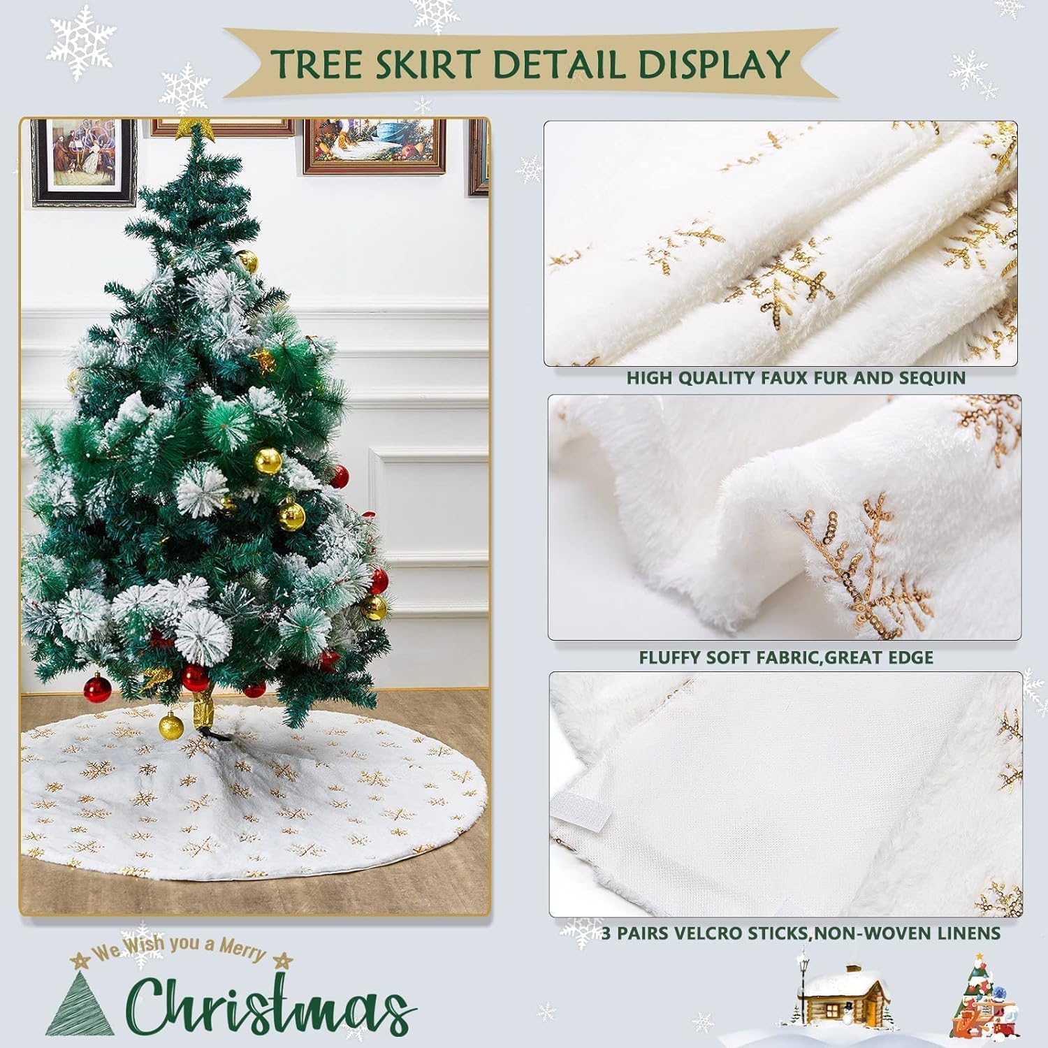 Pretocter Christmas Tree Skirt for Christmas Decoration Luxury Faux Fur Christmas Tree Mat Sequin Snowflake Christmas Tree Base Cover Xmas Tree Ornaments for Xmas Party Holiday Decorations 90CM-Gold