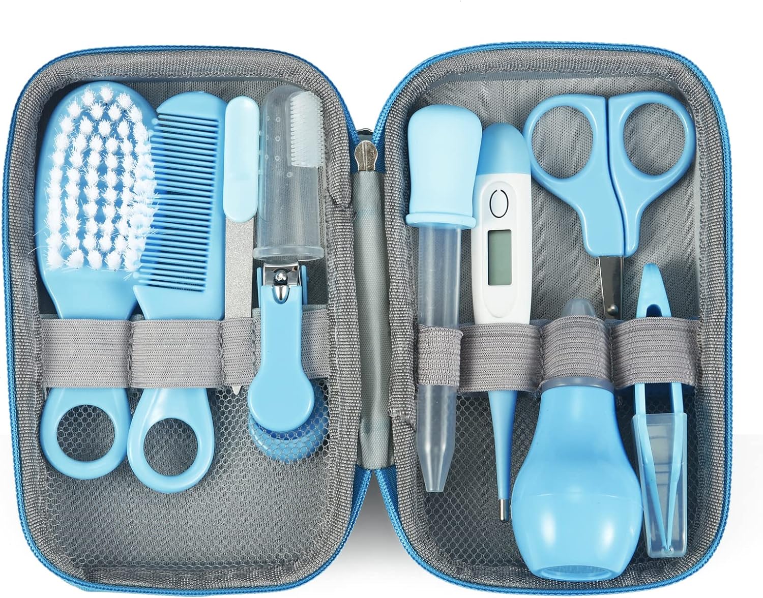 PandaEar Baby Healthcare and Grooming Kit, Baby Safety Set Baby Comb, Brush, Finger Toothbrush, Nail Clippers, Scissors, Nasal Aspirator, Baby Essentials Nursery Care Kit (Blue)