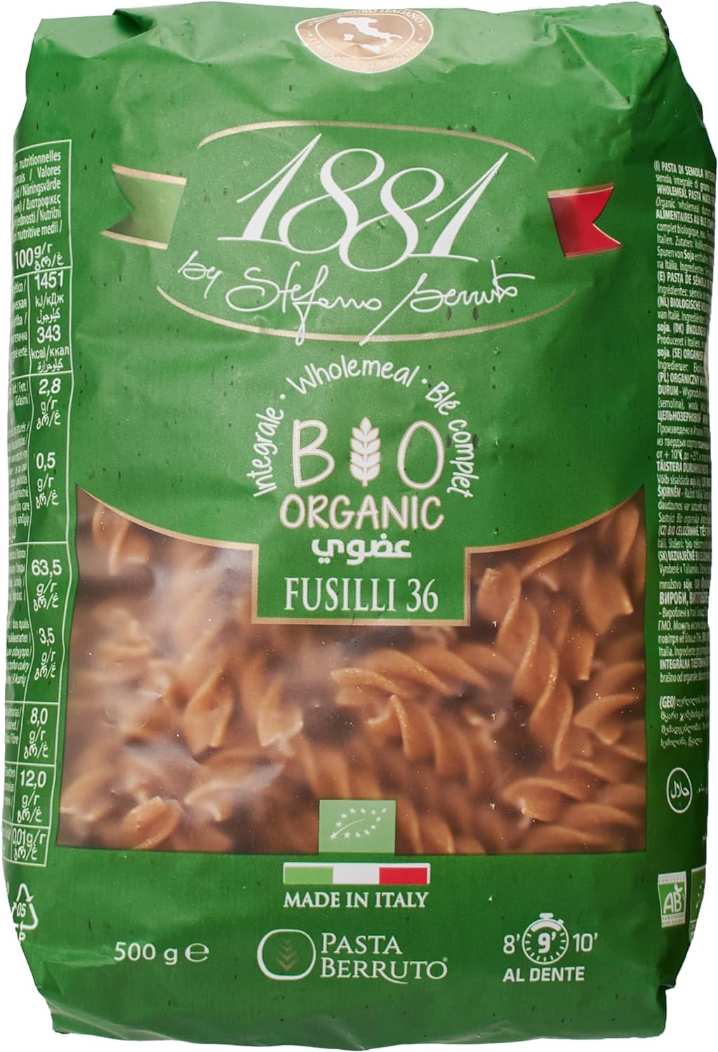 1881 Organic Whole meal Fusilli36 Pasta 500g
