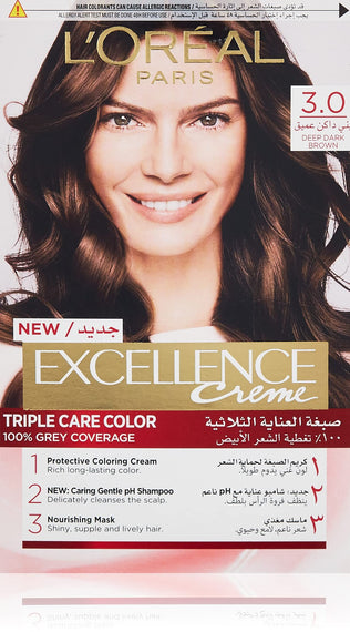 L´Oreal Paris Excellence Crème Permanent Hair Color, 3.0 Dark Brown, 192 ml, 6294016149363