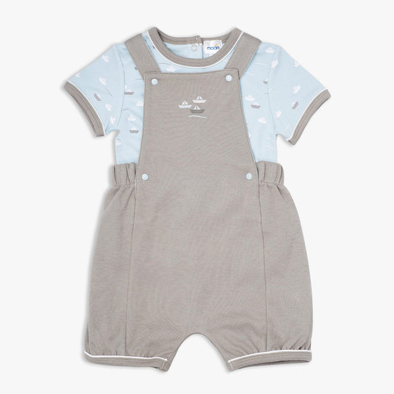 MOON 100% Cotton T-Shirt and Dungaree 6-12M Teal - Little Boat