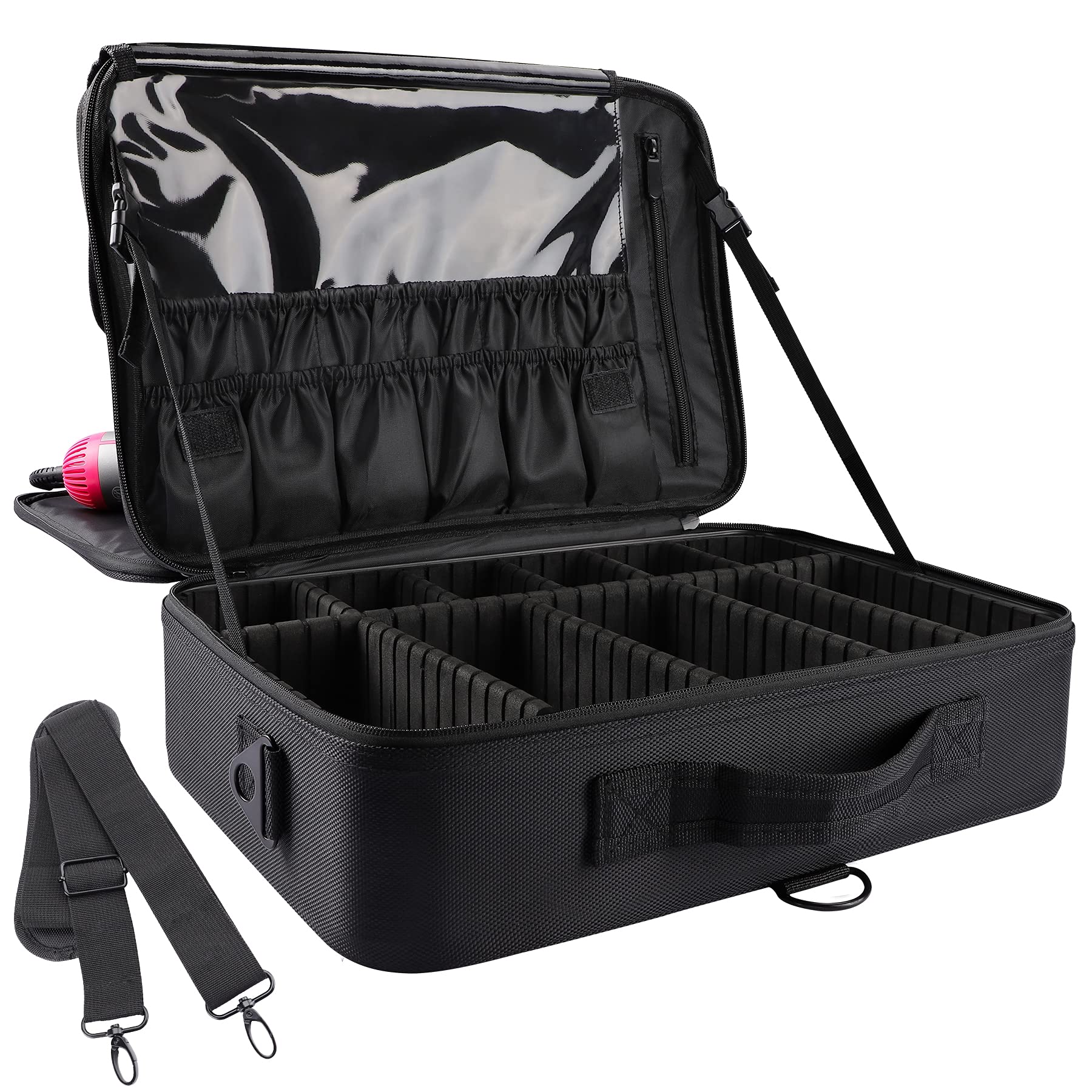 JOURMON Makeup Case Travel Makeup Train Case Organizer Cosmetic Bag Portable with Adjustable Dividers and Shoulder Strap for Makeup Brushes Toiletry Travel Accessories(Pure Black, L)