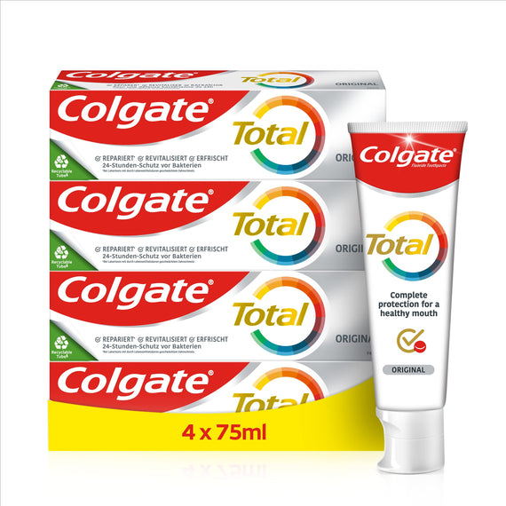 Colgate Total Original Toothpaste (4 x 100 ml), 24 Hour Antibacterial, Complete Protection for Your Whole Mouth, Protects Against Cavities, Contains Fluoride, Strengthens Enamel