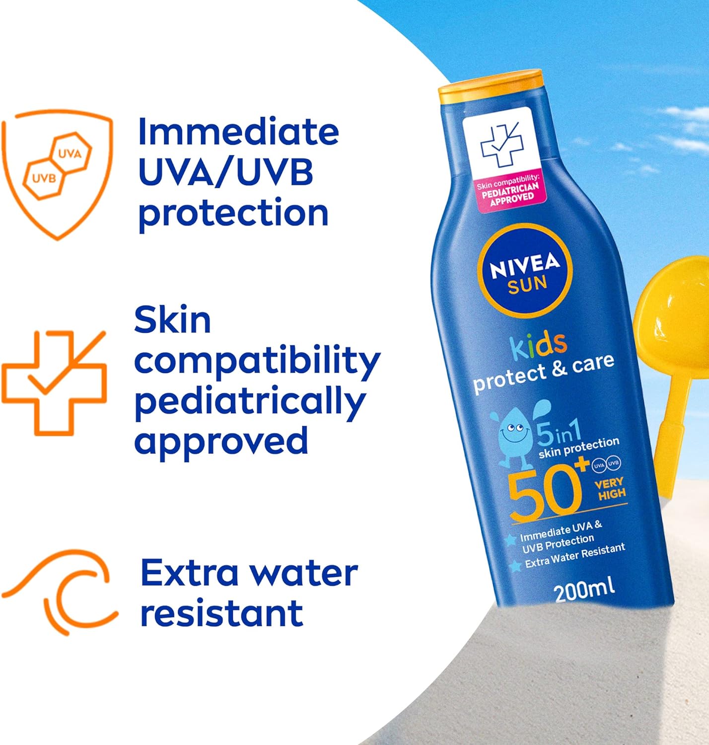 NIVEA SUN Kids Lotion, UVA & UVB Sunscreen Protection, Protect & Play Moisturizing, SPF 50+, 200ml