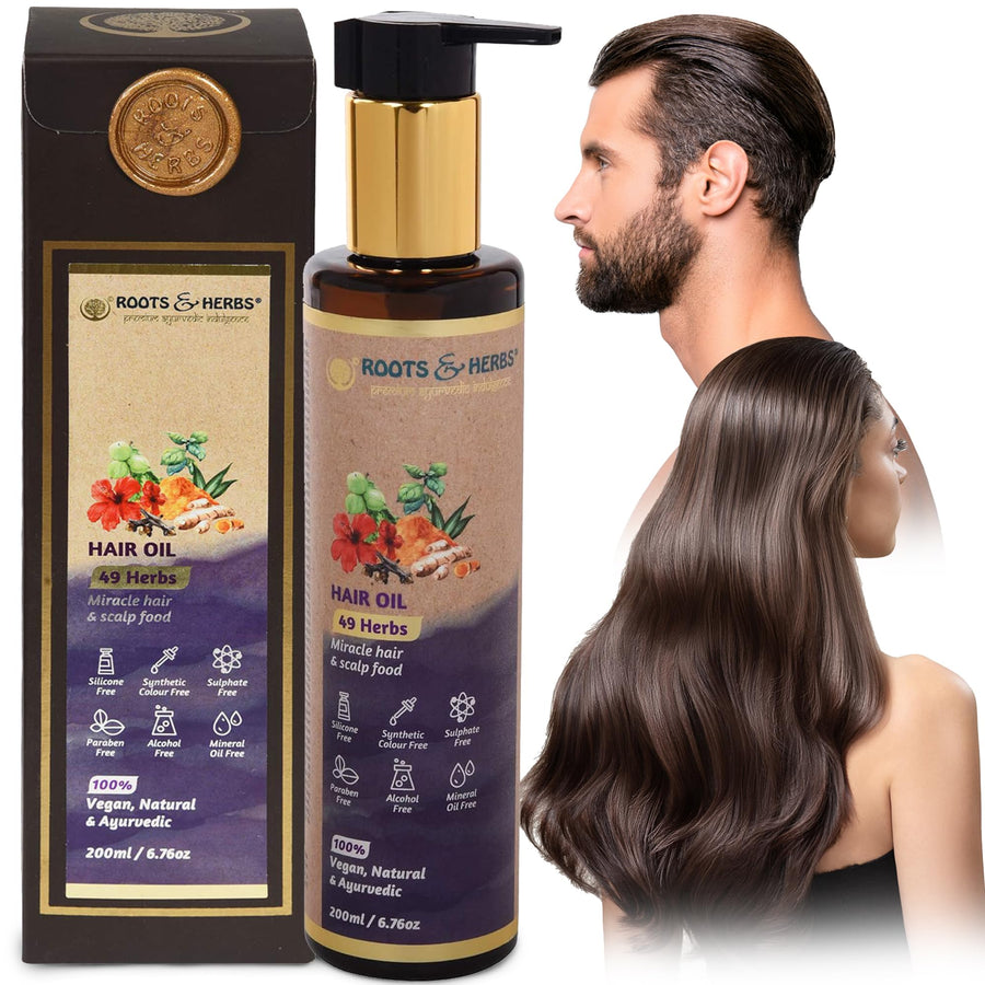 ROOTS AND HERBS 49 Herbs Hair Oil - Herbal Hair Treatment - Hair Food Scalp Moisturizer for Strengthening Roots- Serum for Dandruff Treatment - Beauty Products for Silk Hair Care