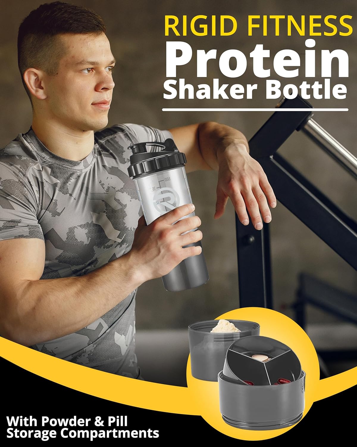 Protein Shaker Bottle (500ml) - Leak-Proof Blender Bottle with Powder and Pill Storage Compartment - BPA Free Shaker