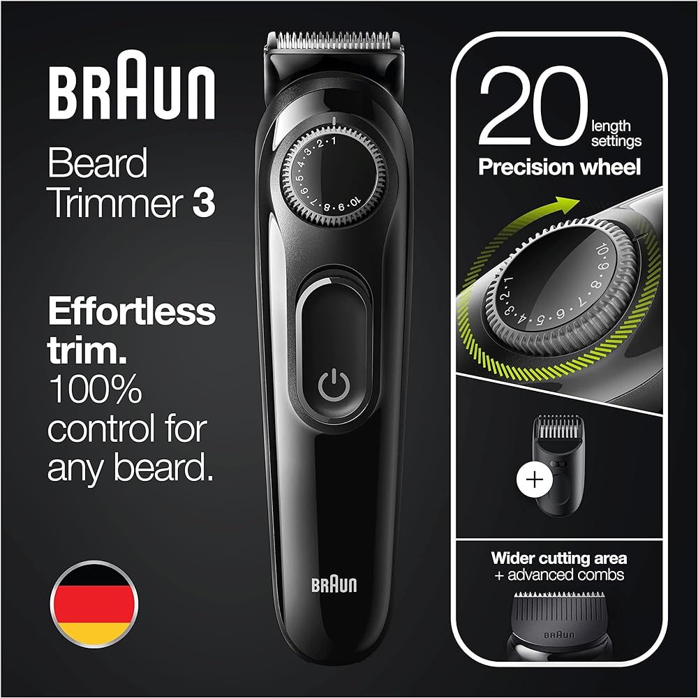 Braun BT 3222 Beard Trimmer and Hair Clipper for men, 20 Length Settings, Black