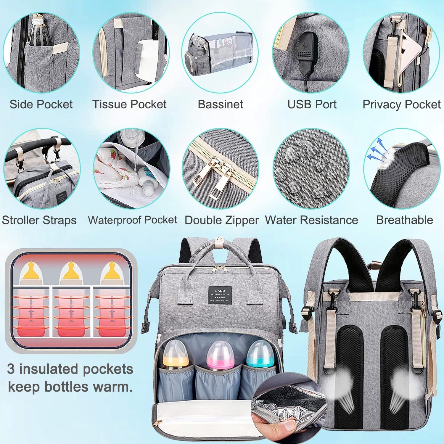 DMG Diaper Bag Backpack, Baby Bag Diaper Bag with Changing Station & Toy Bar, Baby Girl Boy Diaper Bag for Dad Mom Travel Baby Shower Gifts, Large Capacity, 900d Oxford, USB Port, 3 Toys, Grey