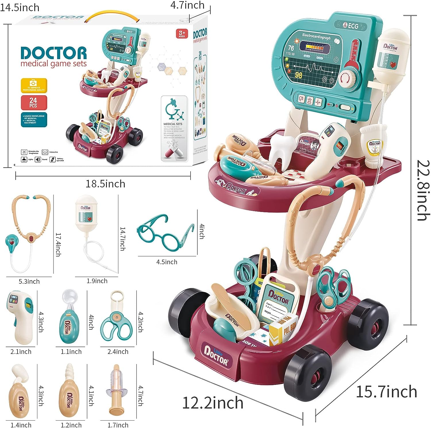 Deejoy Toy Doctor Kit for Kids , Pretend Medical Station Set for Boys & Girls，24 Accessories Mobile Cart with Lights, Eye Chart,, Thermometer, Stethoscope, Pulse Machine，Great Gift for Toddlers