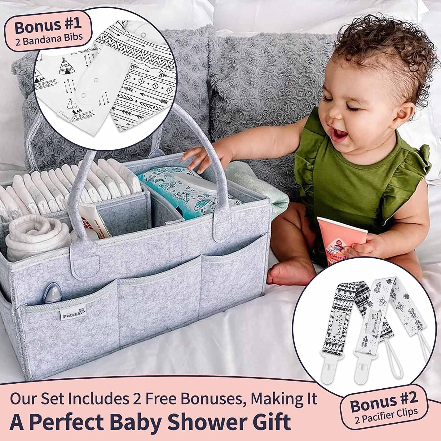 PUTSKA Baby Nappy Caddy Organiser Set - Baby Shower Gifts, Newborn Essentials, New Baby Boy and Girl Gifts