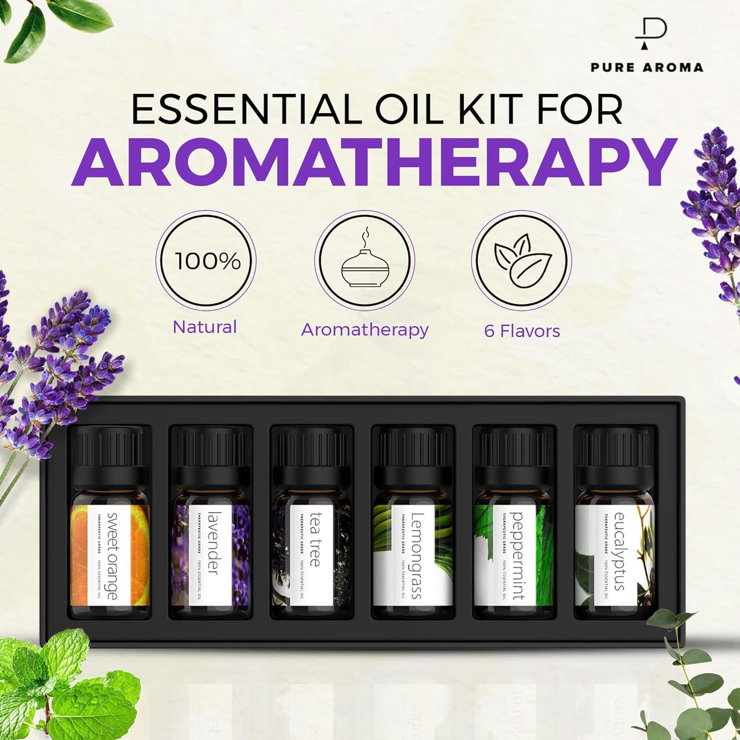 Essential Oils by PURE AROMA 100% Pure Therapeutic Grade Oils kit- Top 6 Aromatherapy Oils Gift Set-6 Pack, 10ML(Eucalyptus, Lavender, Lemon Grass, Orange, Peppermint, Tea Tree)