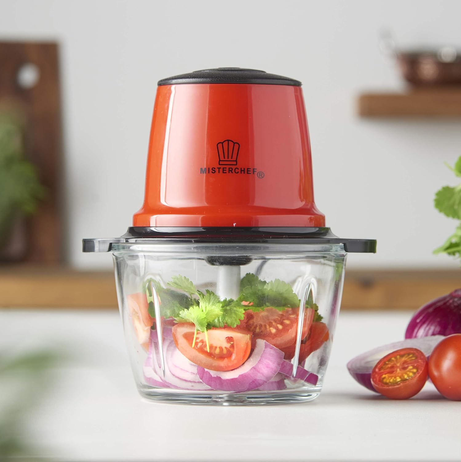 MisterChef Red Mini Chopper, Blender, Food Processor, 3 bi-Level Blades - Energy Saver 200W with Turbo - 1.5L Food Capacity Glass Bowl - 2 Year Warranty - Metallic Red