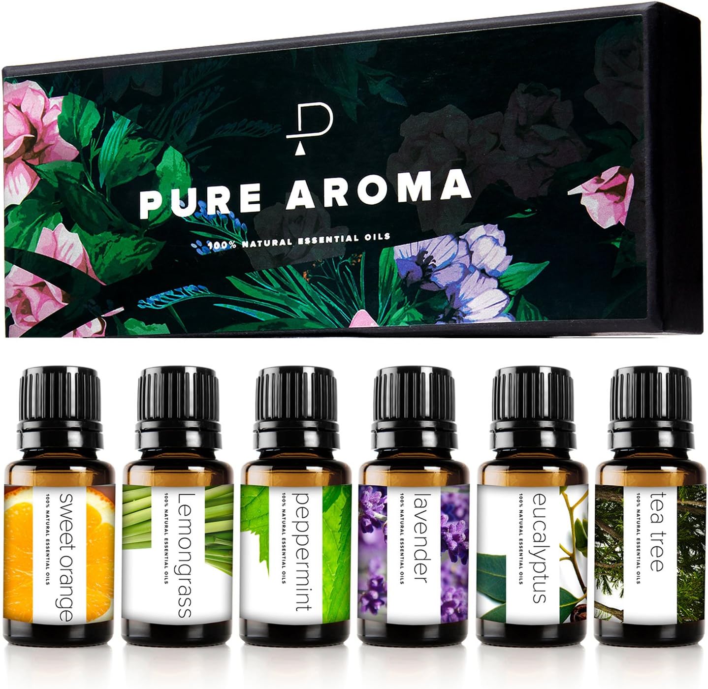 Essential Oils by PURE AROMA 100% Pure Therapeutic Grade Oils kit- Top 6 Aromatherapy Oils Gift Set-6 Pack, 10ML(Eucalyptus, Lavender, Lemon Grass, Orange, Peppermint, Tea Tree)