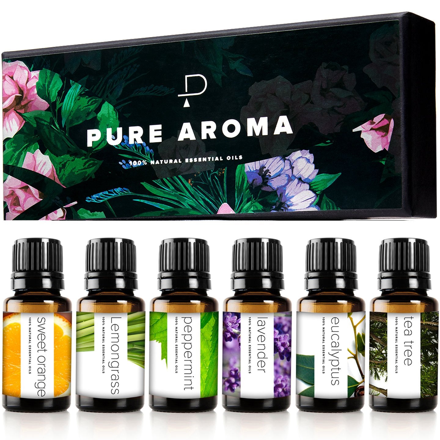 Essential Oils by PURE AROMA 100% Pure Therapeutic Grade Oils kit- Top 6 Aromatherapy Oils Gift Set-6 Pack, 10ML(Eucalyptus, Lavender, Lemon Grass, Orange, Peppermint, Tea Tree)