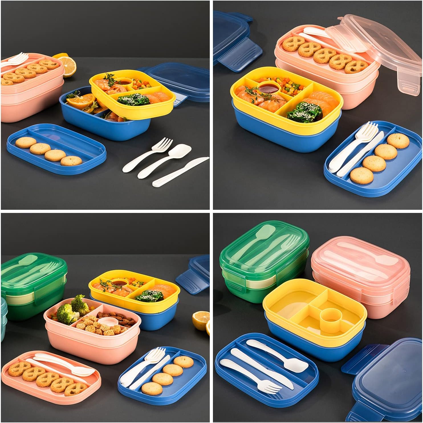 Bento Box, 3 Stackable Bento Lunch Containers for Adults/Kids, Modern Minimalist Design Bento Box with Utensil Set, Leakproof Lunchbox Bento Box for Dining Out, Work, Picnic, School