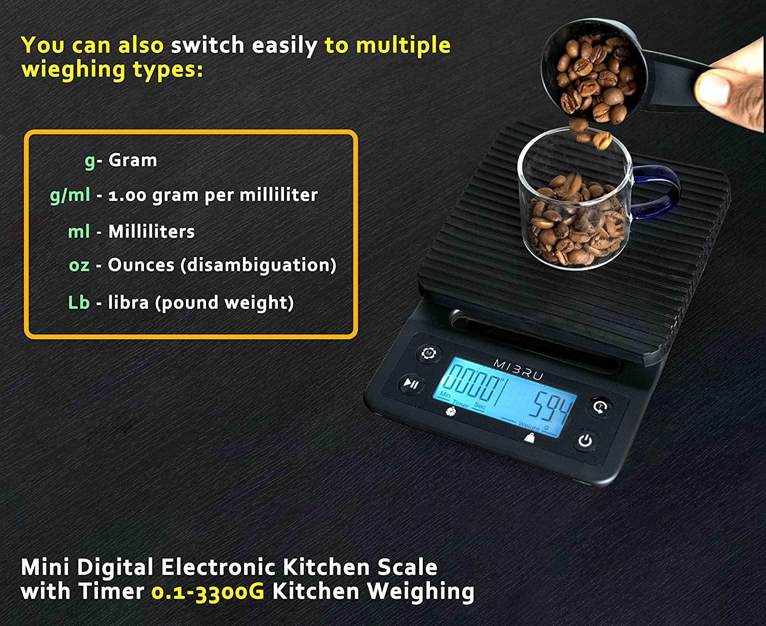 MIBRU Coffee Scale | Kitchen Scale | Pour Over V60 Drip Coffee | Food Baking Table Weighting with Tare timing Function Digital Precise Graduation Waterproof Mat 0.1-3000G ميزان قهوة رقمي مع مؤقت