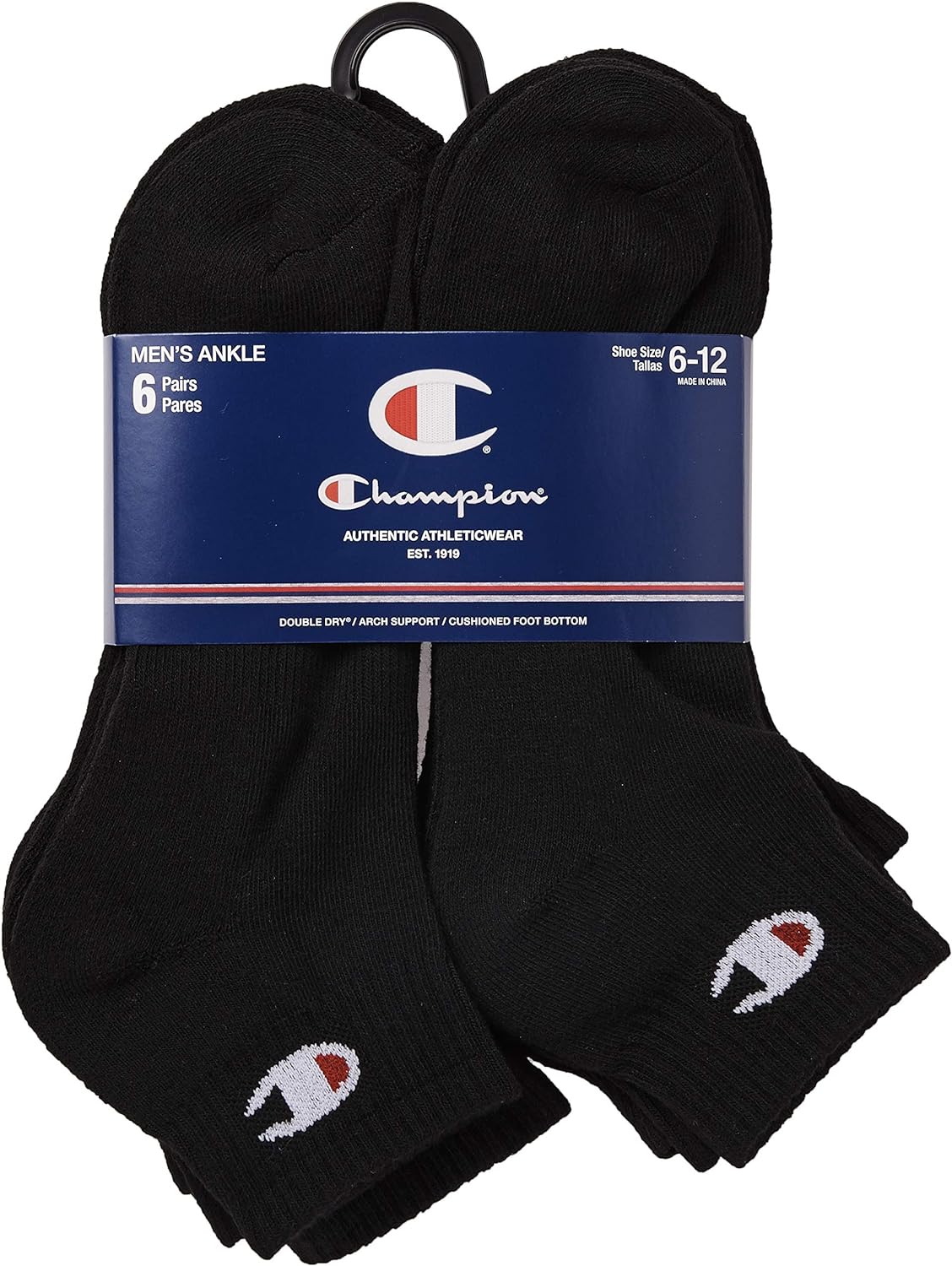 Champion Double Dry Moisture Wicking Champion Logo 6-Pack Ankle Socks