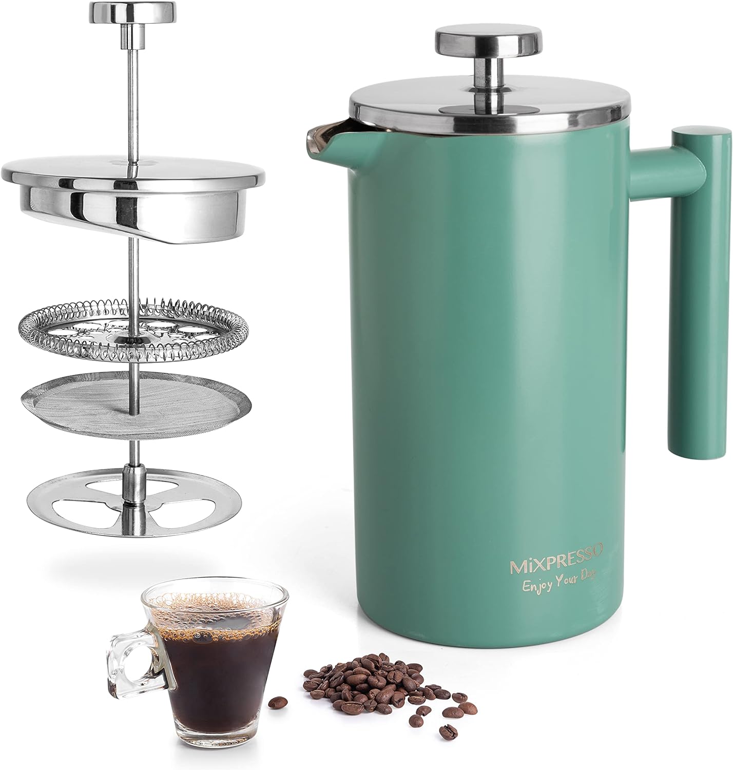 Mixpresso Stainless Steel French Press Coffee Maker 27 Oz 800L Double Wall Metal Insulation Coffee Press &Tea Brewer Easy Clean, And Easy Press, Strong Quality Coffee Press (Green)
