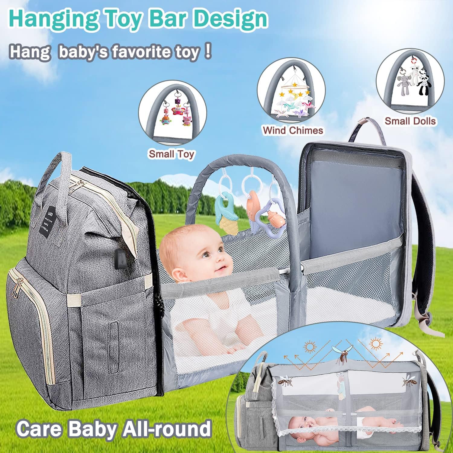 DMG Diaper Bag Backpack, Baby Bag Diaper Bag with Changing Station & Toy Bar, Baby Girl Boy Diaper Bag for Dad Mom Travel Baby Shower Gifts, Large Capacity, 900d Oxford, USB Port, 3 Toys, Grey