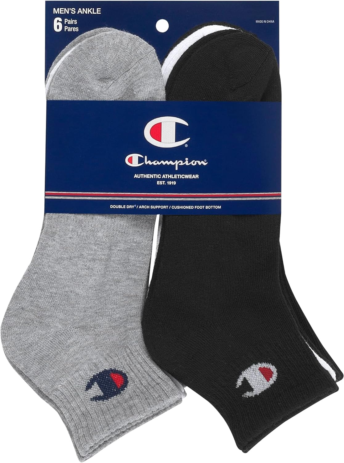 Champion Double Dry Moisture Wicking Champion Logo 6-Pack Ankle Socks