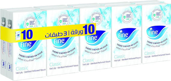 Fine Classic Facial Pocket Tissues, 3 Ply, Pack of 10 x 10 Sheets, Good for All Skin Types, Fine Sterilizing Germ Protection Tissues with Steripro Technology