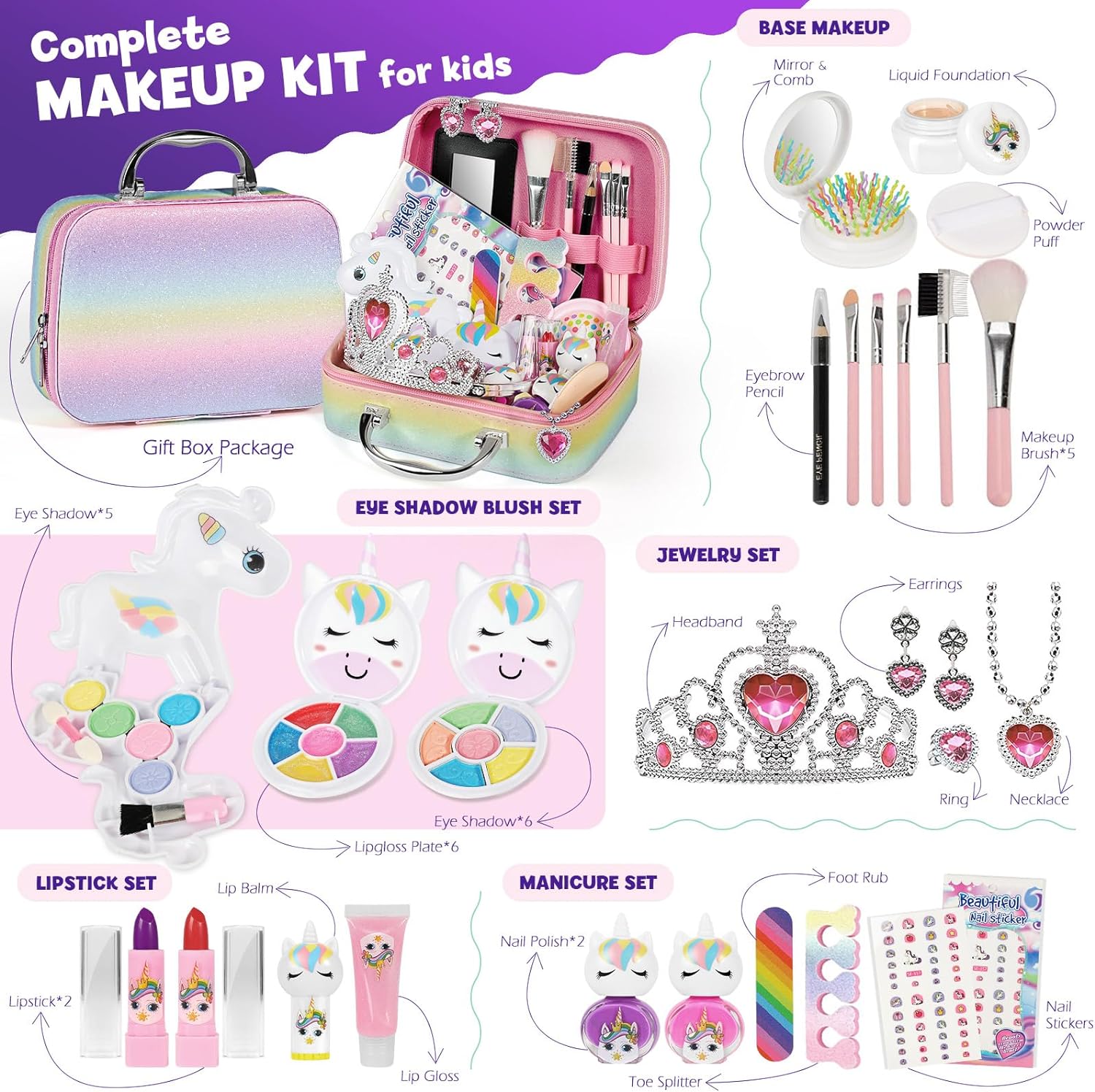 Kids Makeup Kit for Girls, Real Washable Makeup Set 32+pcs, Unicorn Makeup set for Kids, Toys for Girls, Gifts for Girls Ages 6 7 8 9 10 11 12 13 14 Year Old