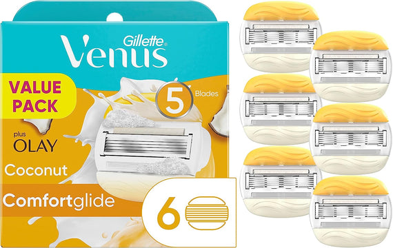 Gillette Venus ComfortGlide plus Olay Coconut Women's Razor Blade Refills, 6 Count (Packaging May Vary)