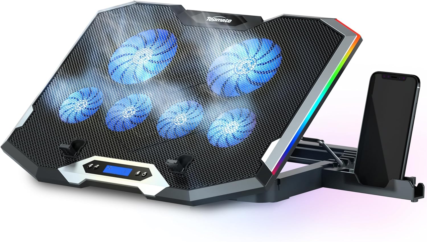TopMate C11 Laptop Cooling Pad RGB Gaming Notebook Cooler | Laptop Fan Stand Adjustable Height with 6 Quiet Fans and Phone Holder | Computer Chill Mat | for 15.6-17.3 Inch Laptops - Blue LED Light