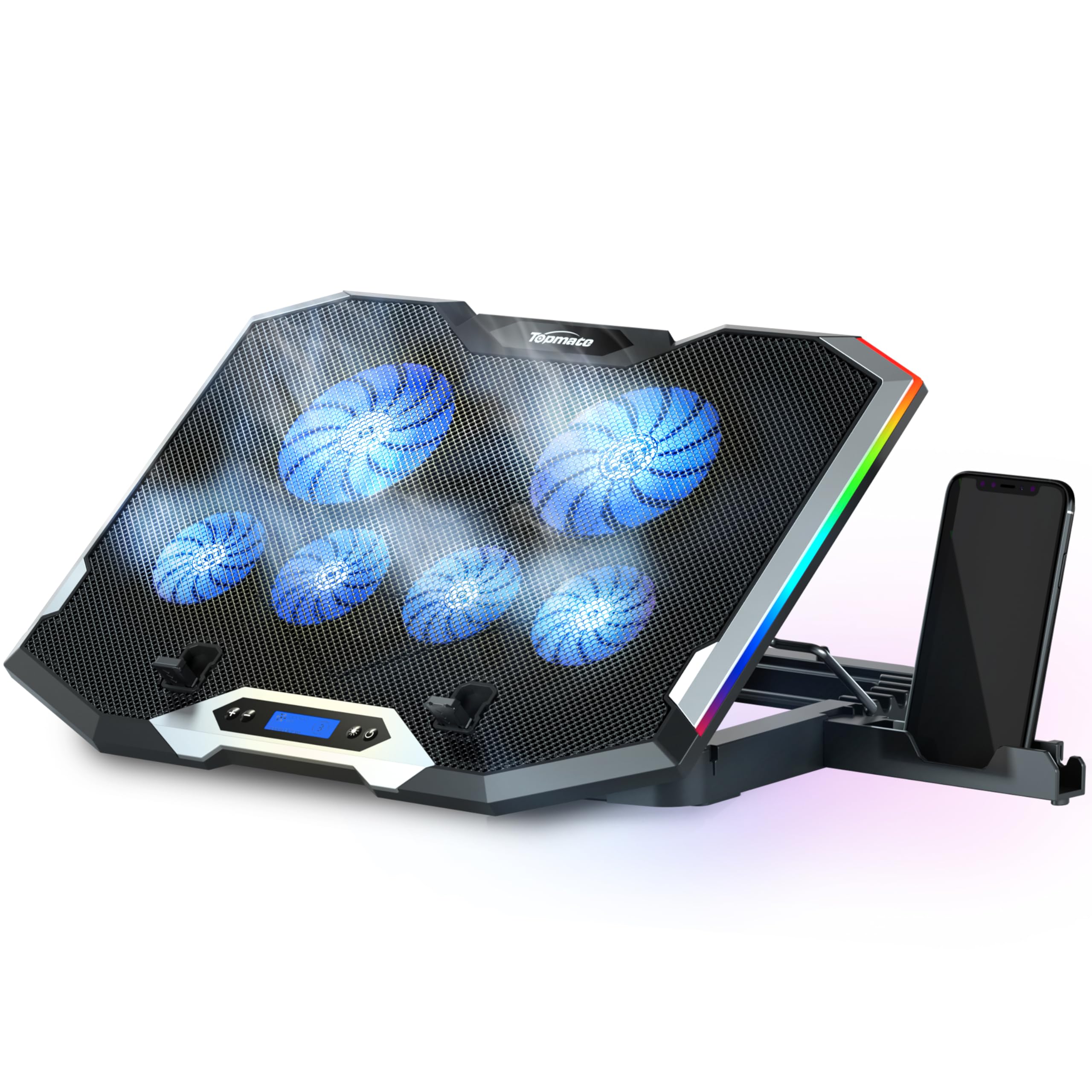 TopMate C11 Laptop Cooling Pad RGB Gaming Notebook Cooler | Laptop Fan Stand Adjustable Height with 6 Quiet Fans and Phone Holder | Computer Chill Mat | for 15.6-17.3 Inch Laptops - Blue LED Light
