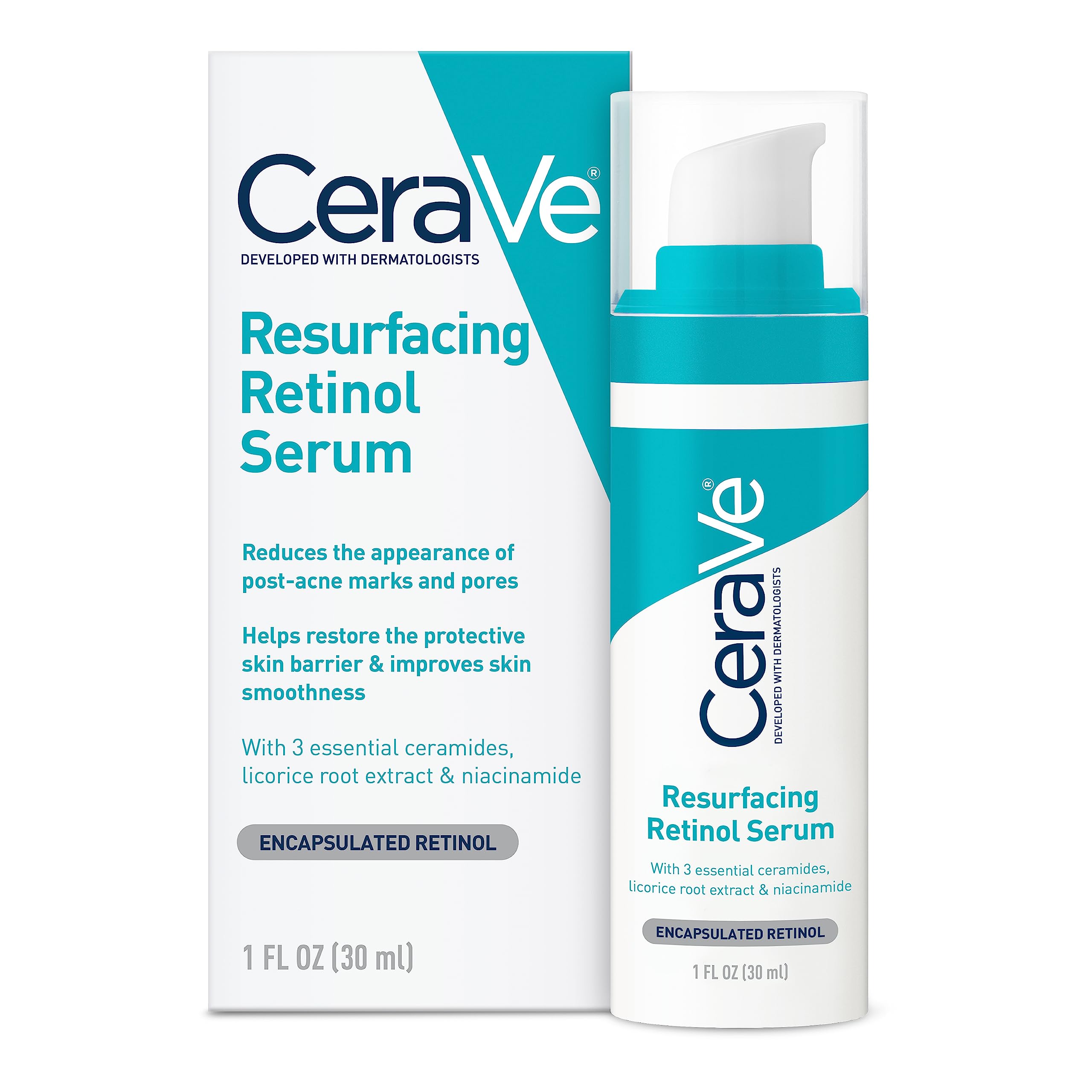 CeraVe Retinol Serum for Post-Acne Marks and Skin Texture | Pore Refining, Resurfacing, Brightening Facial Serum with Retinol | 1 Oz